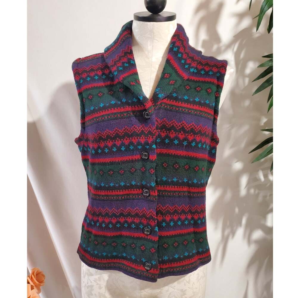 Vtg Chaps Southwestern Knit Button Sweater Vest Womens Size M Aztec Cabincore